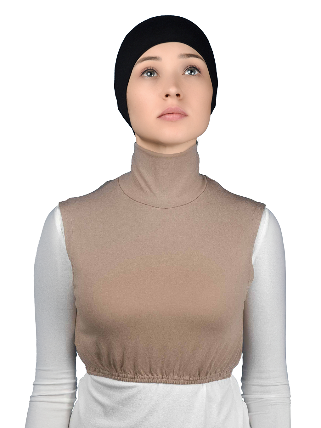 Bej Sıfır Kol Balıkçı Yaka Tam Boğazlı Elastanlı Penye Kadın Yarım Body-1