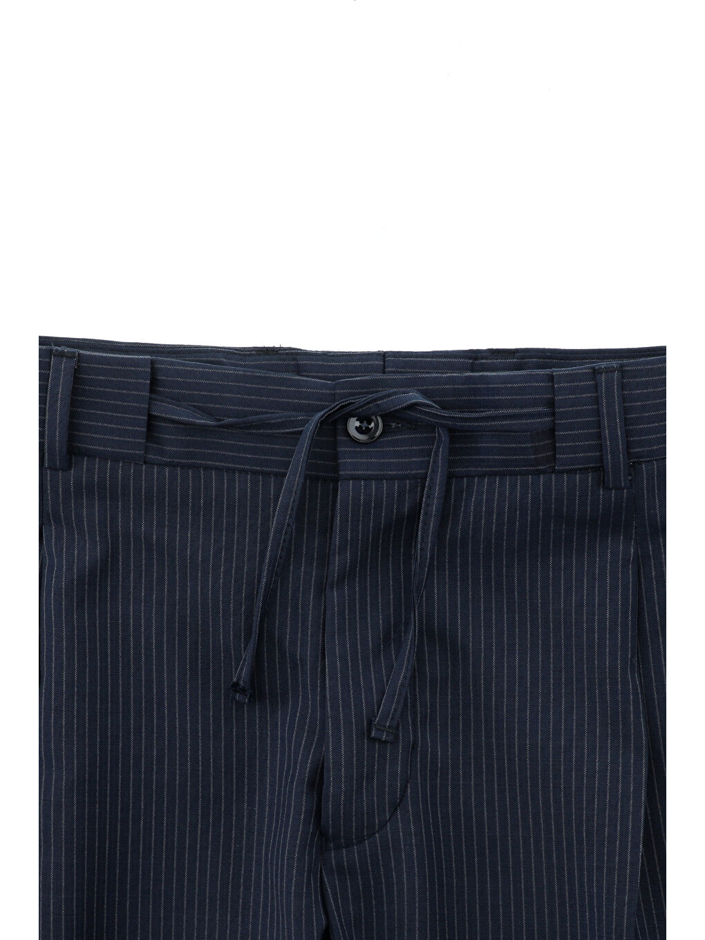 Lacivert Slim Fit Dar Kesim Yünlü Çizgili Beli Lastikli İpli Kruvaze Takım Elbise-4