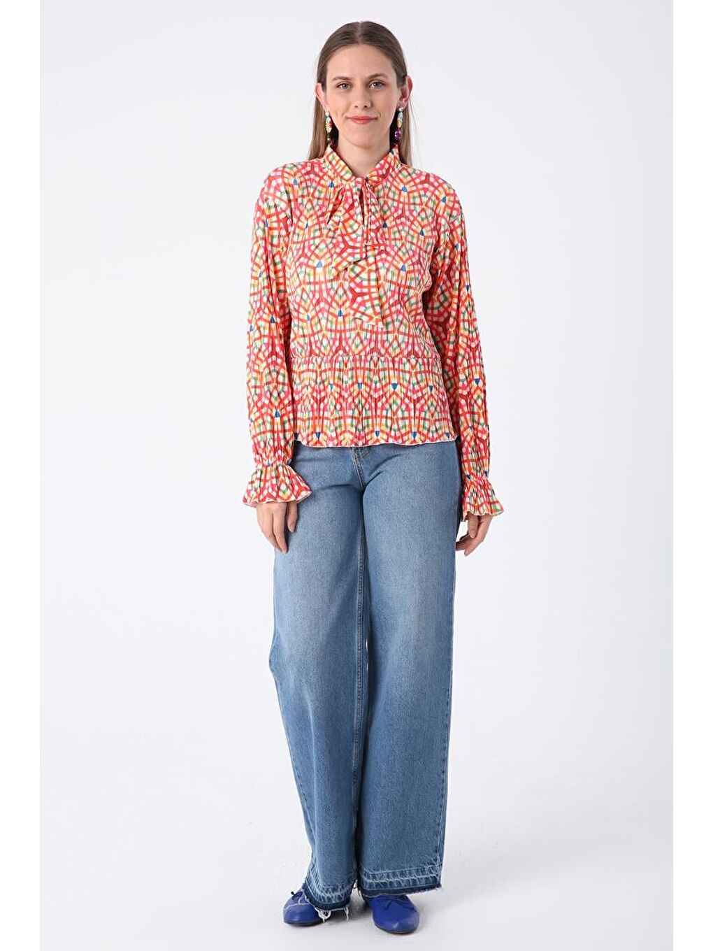 Turuncu-Ekru-Yakası Bağlama Detaylı Crep Bluz-1