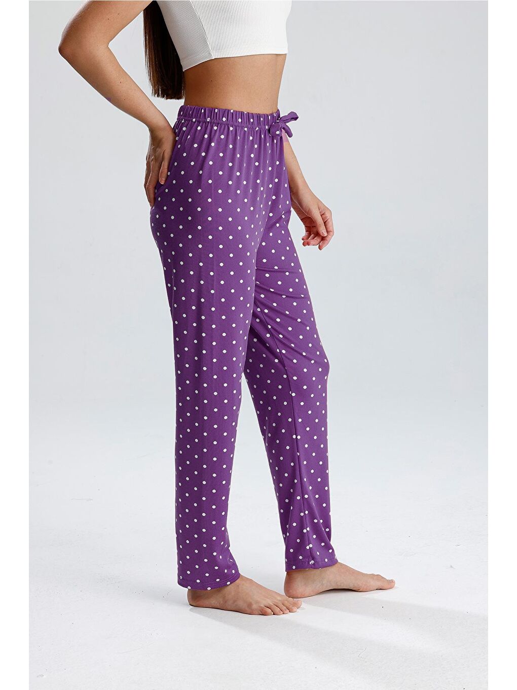 Kadın Puantiyeli Uzun Pijama Pantolon | Mor-2