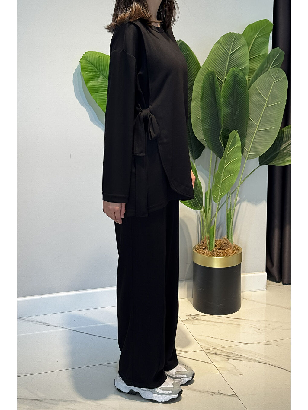 Bağcık Detay Tunik Pantolon Takım 2117 Siyah-1