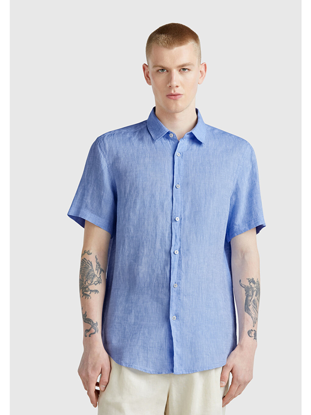 Erkek Mavi %100 Keten Regular Fit Kısa Kollu Gömlek