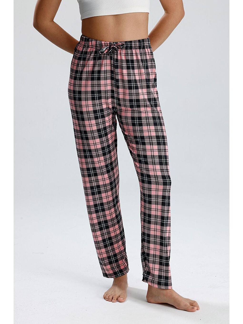 Kadın Ekose Desenli Uzun Pijama Pantolon | Pembe-1
