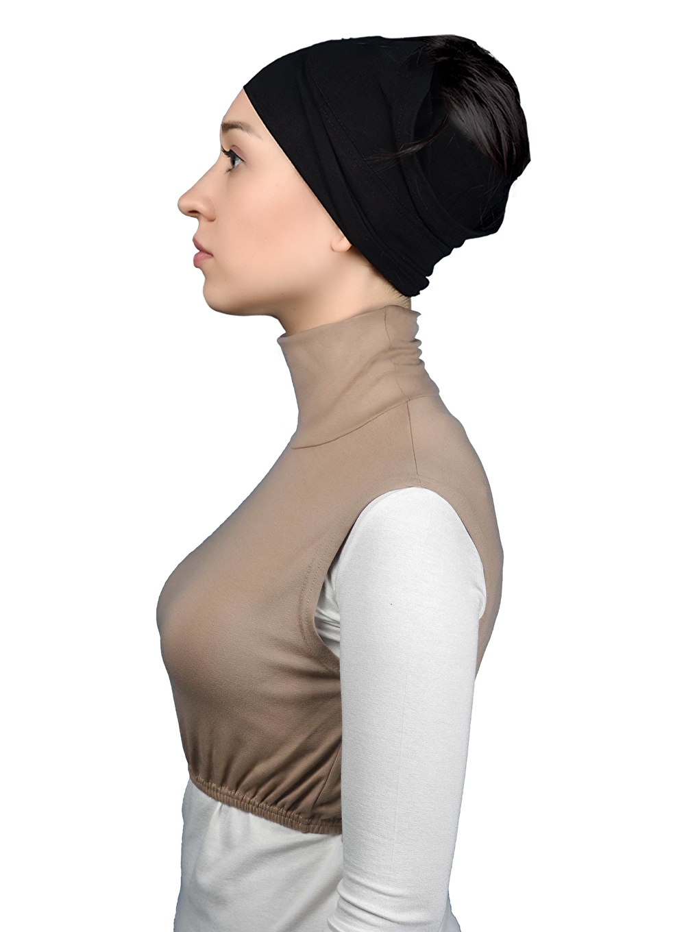 Bej Sıfır Kol Balıkçı Yaka Tam Boğazlı Elastanlı Penye Kadın Yarım Body-2