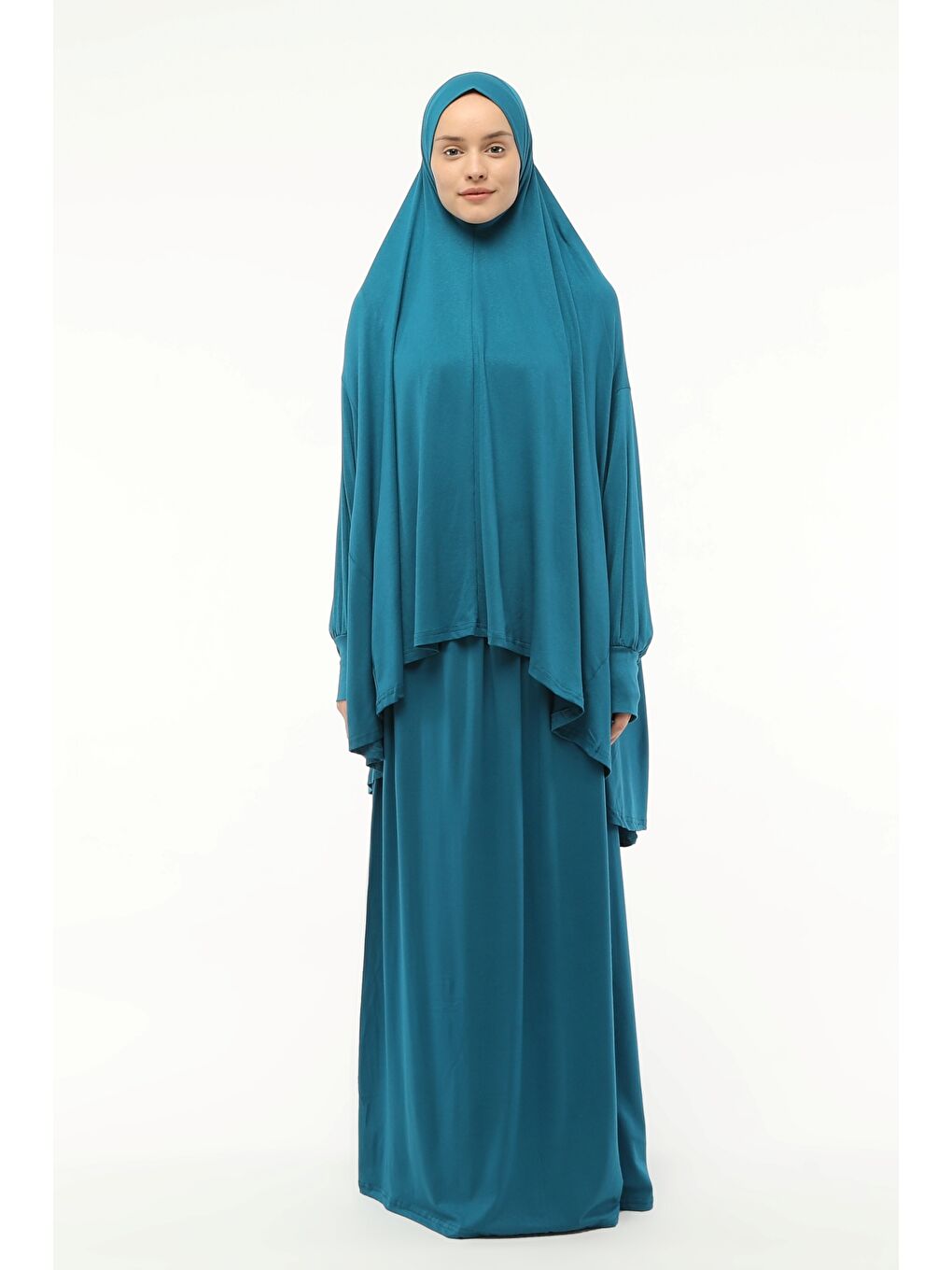 Petrol İki Parça Pamuklu Yarasa Kollu Başörtülü Organik Terletmez  Elbise-4