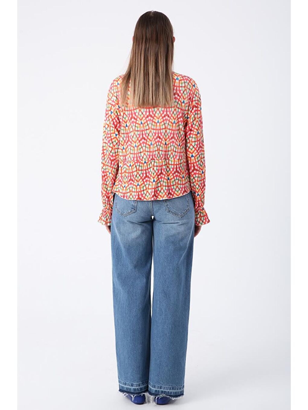 Turuncu-Ekru-Yakası Bağlama Detaylı Crep Bluz-3