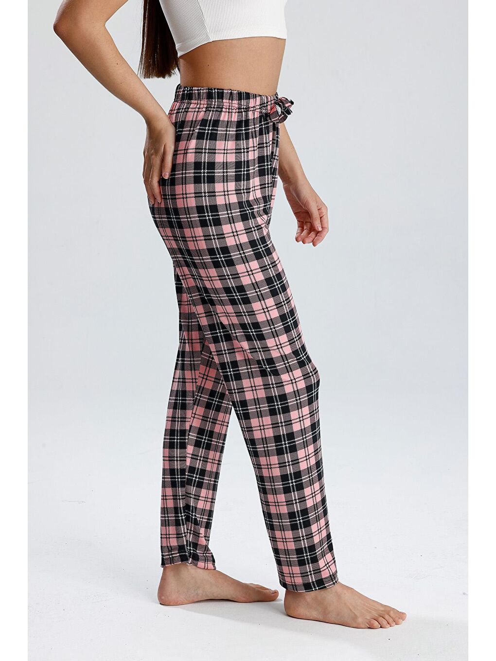 Kadın Ekose Desenli Uzun Pijama Pantolon | Pembe-3