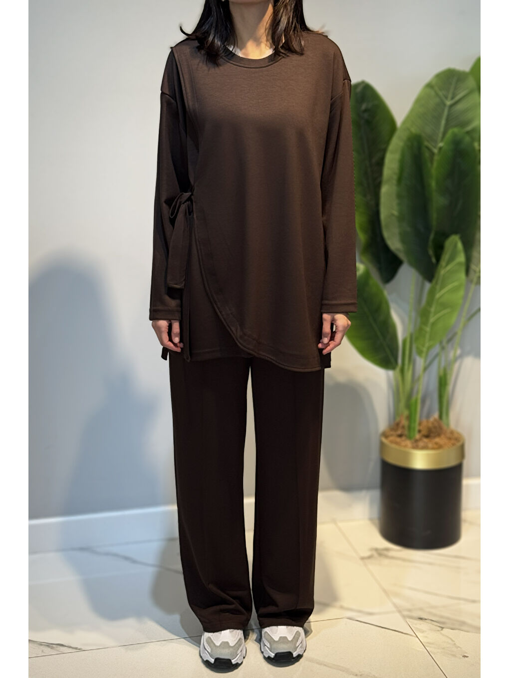 Bağcık Detay Tunik Pantolon Takım 2117 Kahverengi-2