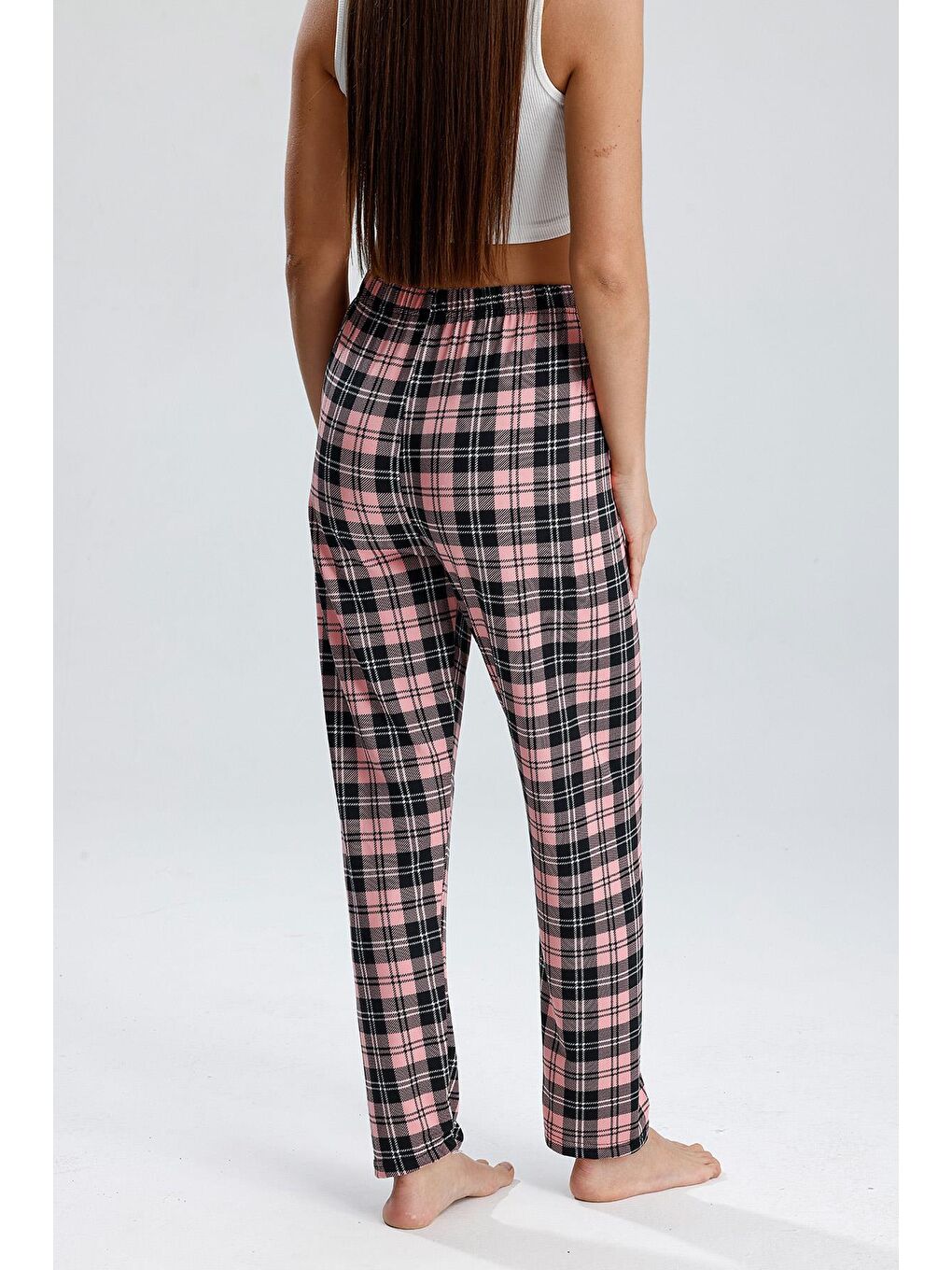 Kadın Ekose Desenli Uzun Pijama Pantolon | Pembe-4