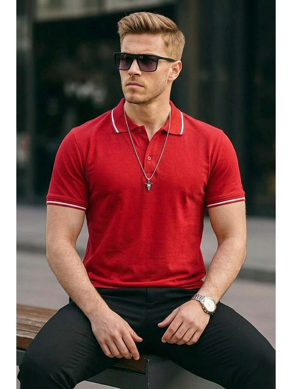 Erkek Düğmeli Pamuklu Kırmızı Polo Yaka Tişört-1
