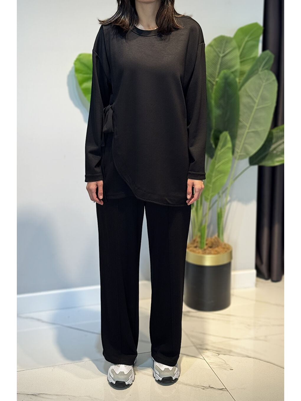 Bağcık Detay Tunik Pantolon Takım 2117 Siyah-2