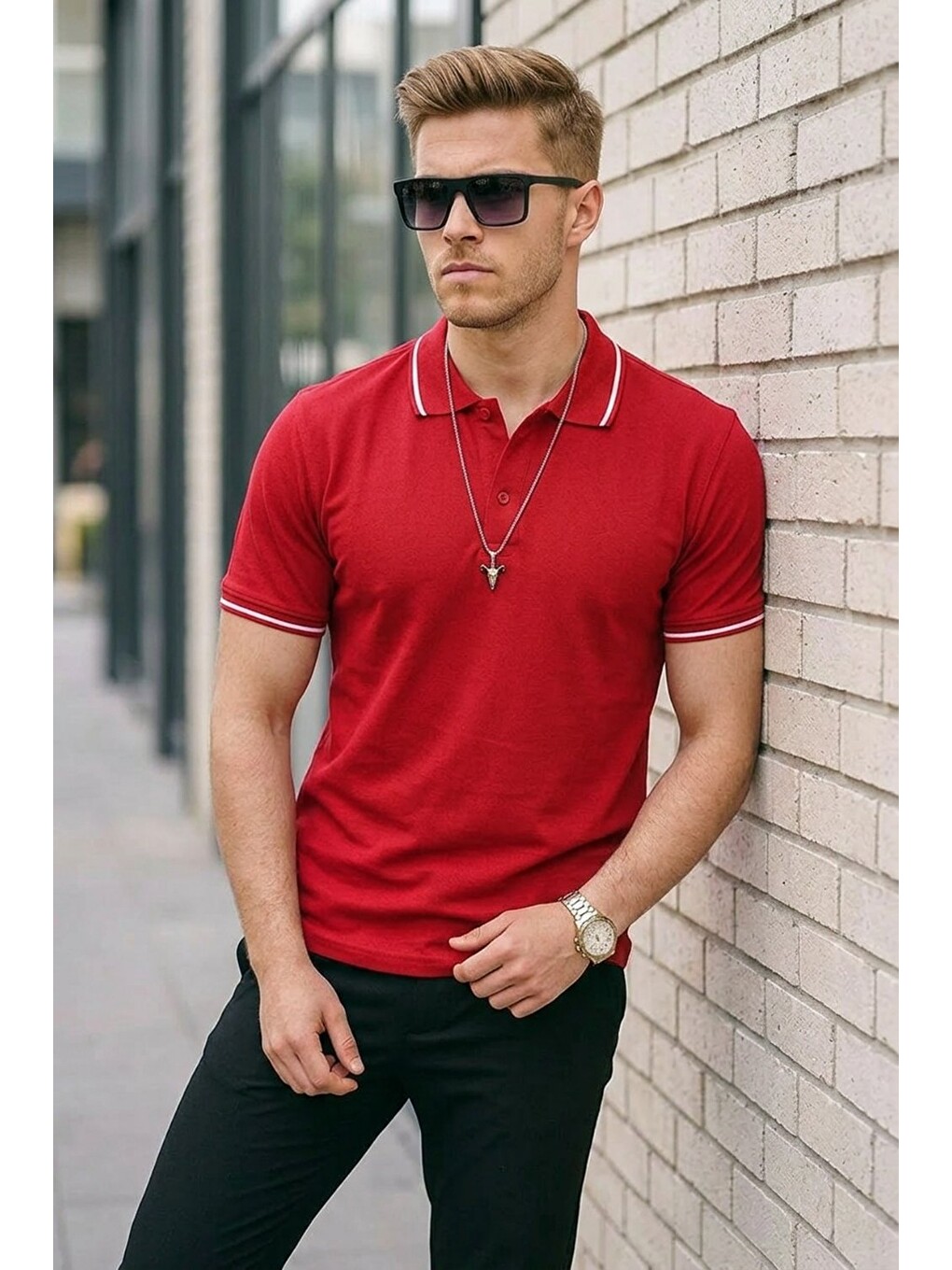 Erkek Düğmeli Pamuklu Kırmızı Polo Yaka Tişört-2