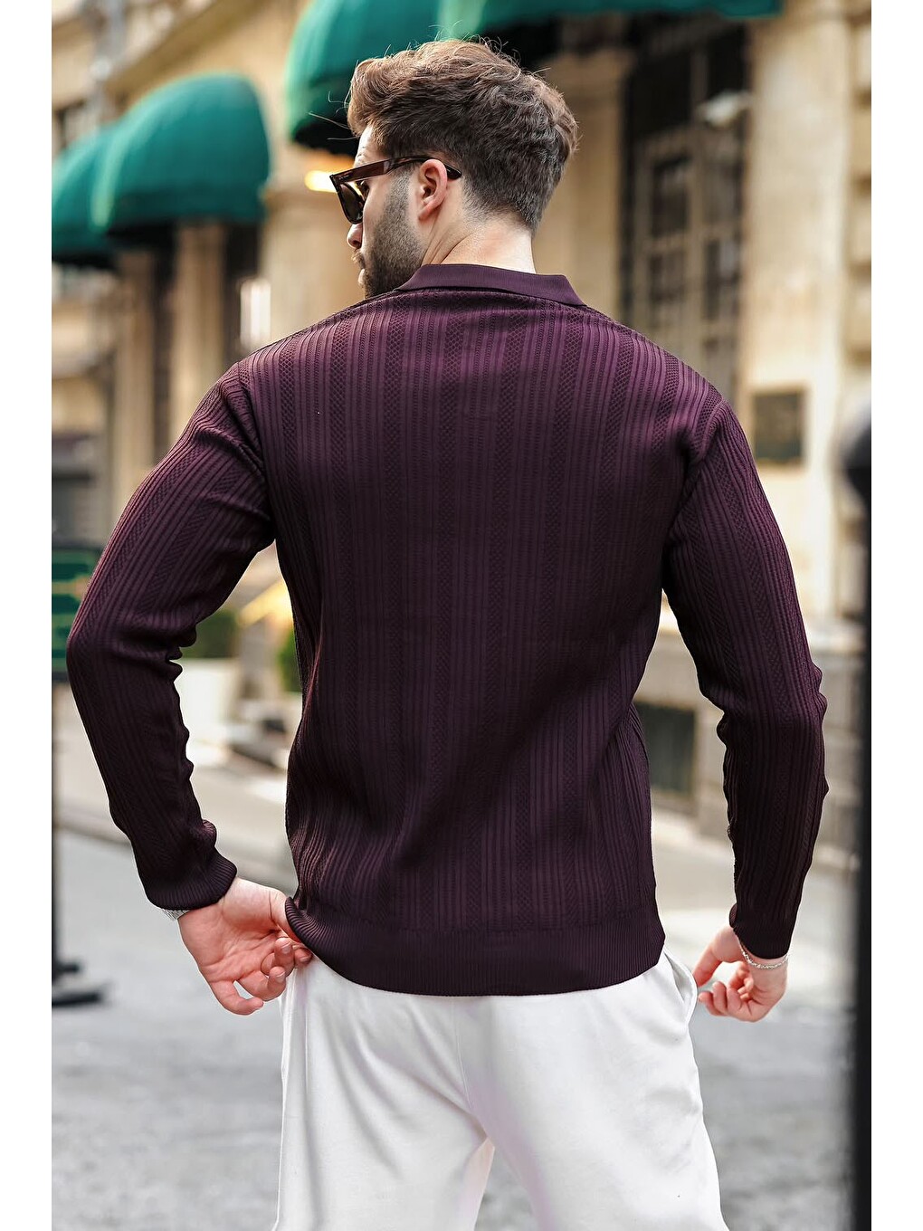 Mürdüm Polo Yaka Desenli Over Fit Erkek Triko Kazak E7517-1
