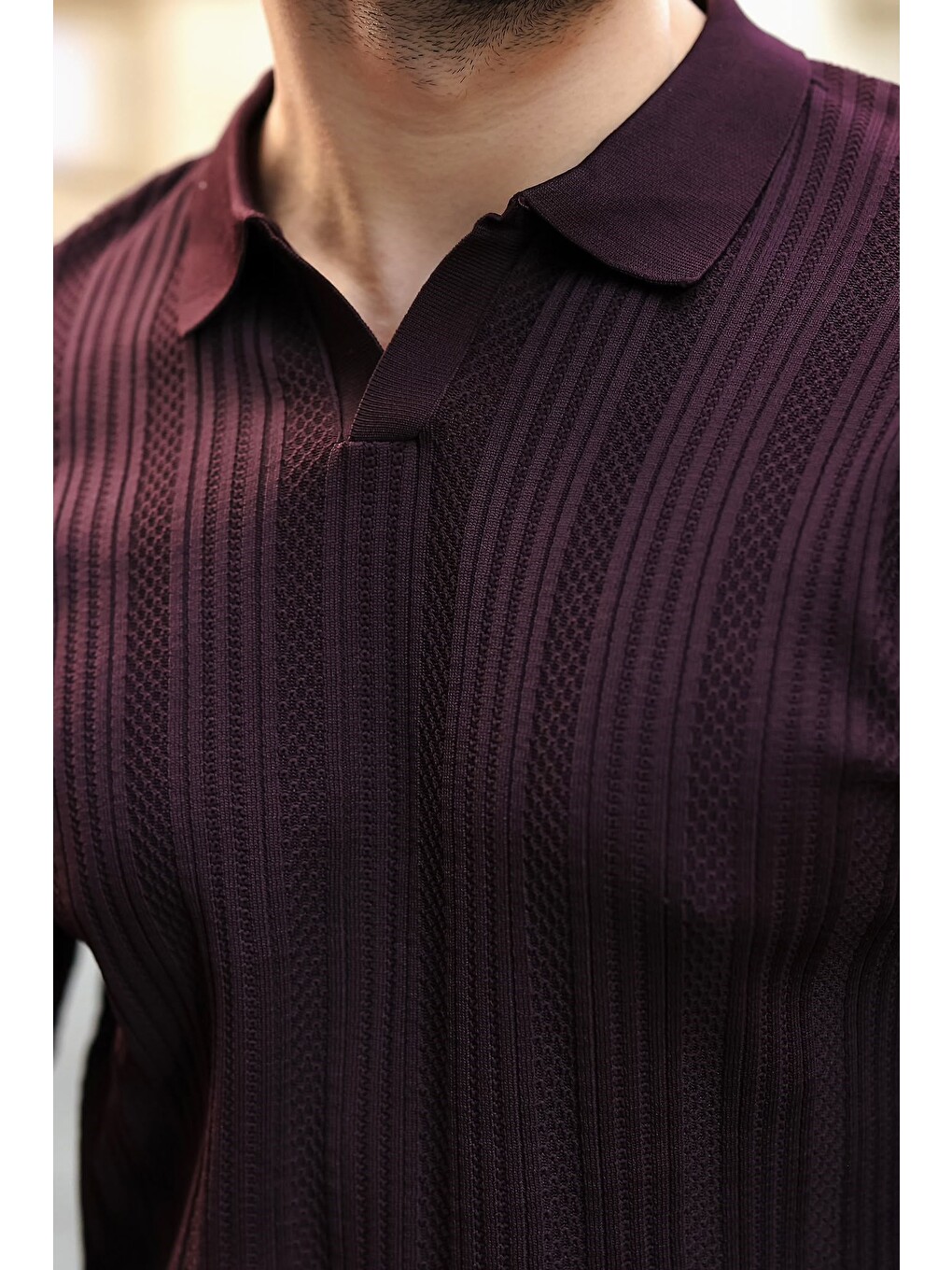 Mürdüm Polo Yaka Desenli Over Fit Erkek Triko Kazak E7517-2