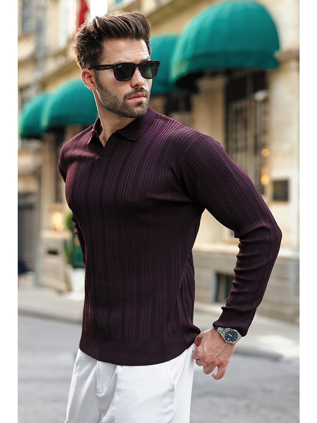 Mürdüm Polo Yaka Desenli Over Fit Erkek Triko Kazak E7517-3