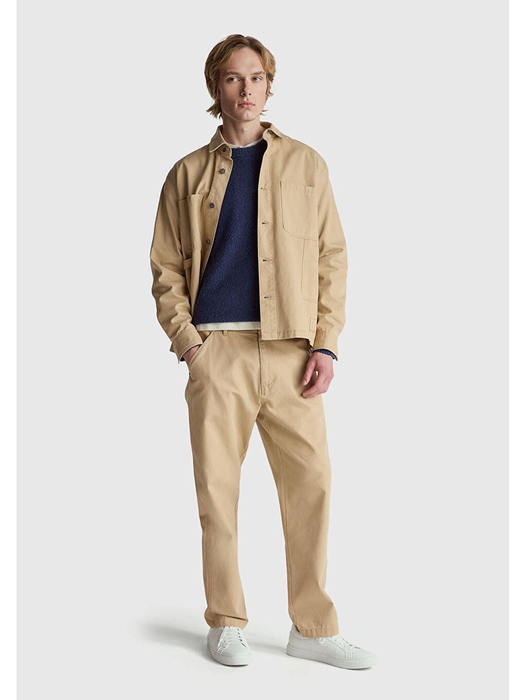 Lacivert Erkek Denim Mavi Pamuk ve Yün Karışımlı Ribana Detaylı Bisiklet Yaka Kazak-4