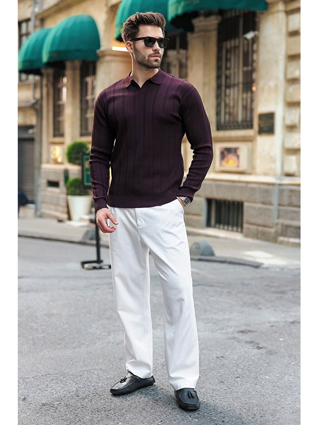 Mürdüm Polo Yaka Desenli Over Fit Erkek Triko Kazak E7517-4