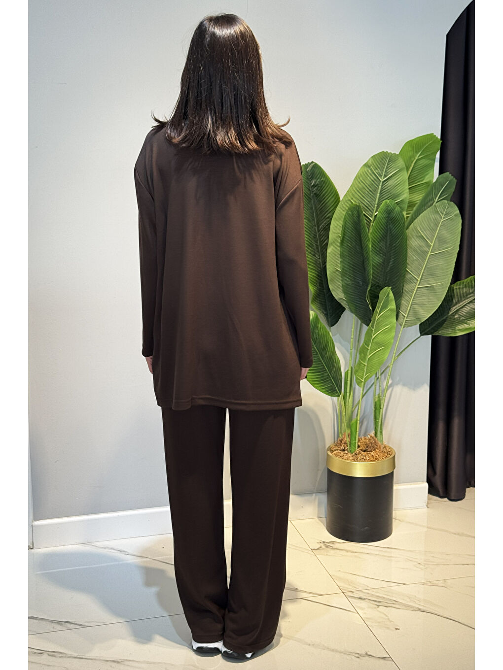 Bağcık Detay Tunik Pantolon Takım 2117 Kahverengi-3