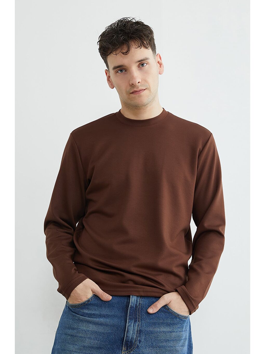Kahverengi Basic Bisiklet Yaka Modal Sweatshirt