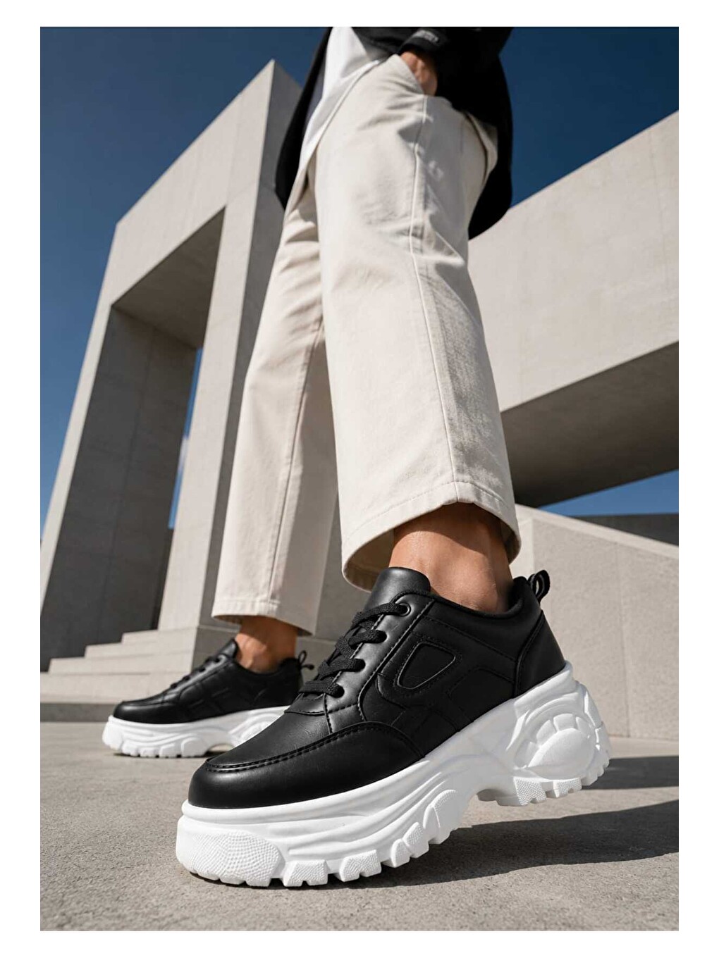 Siyah Kadın Günlük Kullanım, 6 Cm Yükseltilmiş Tabanlı, Bağcıklı, Spor Sneakers-1