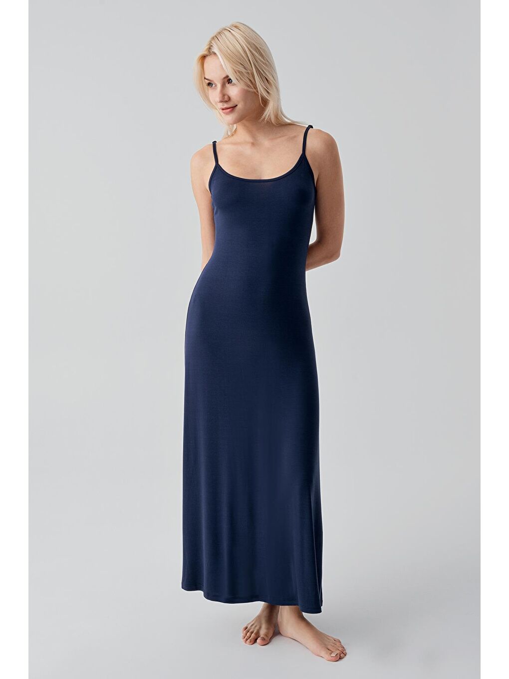 Lacivert Askılı Uzun Basic Rahat Günlük Elastanlı Esnek Viskoz Soft Elbise 19111-1