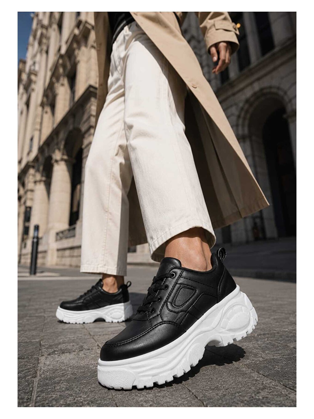 Siyah Kadın Günlük Kullanım, 6 Cm Yükseltilmiş Tabanlı, Bağcıklı, Spor Sneakers-2