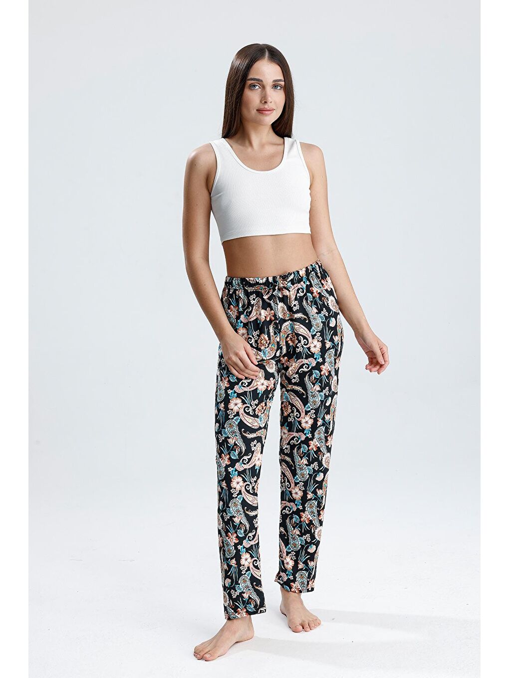 Lacivert Kadın Şal Desenli Uzun Pijama Pantolon