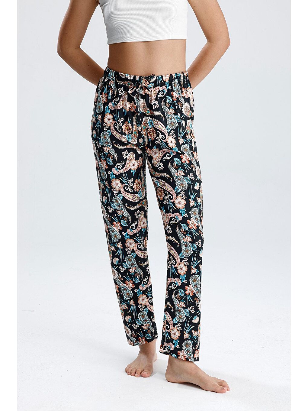 Lacivert Kadın Şal Desenli Uzun Pijama Pantolon-1