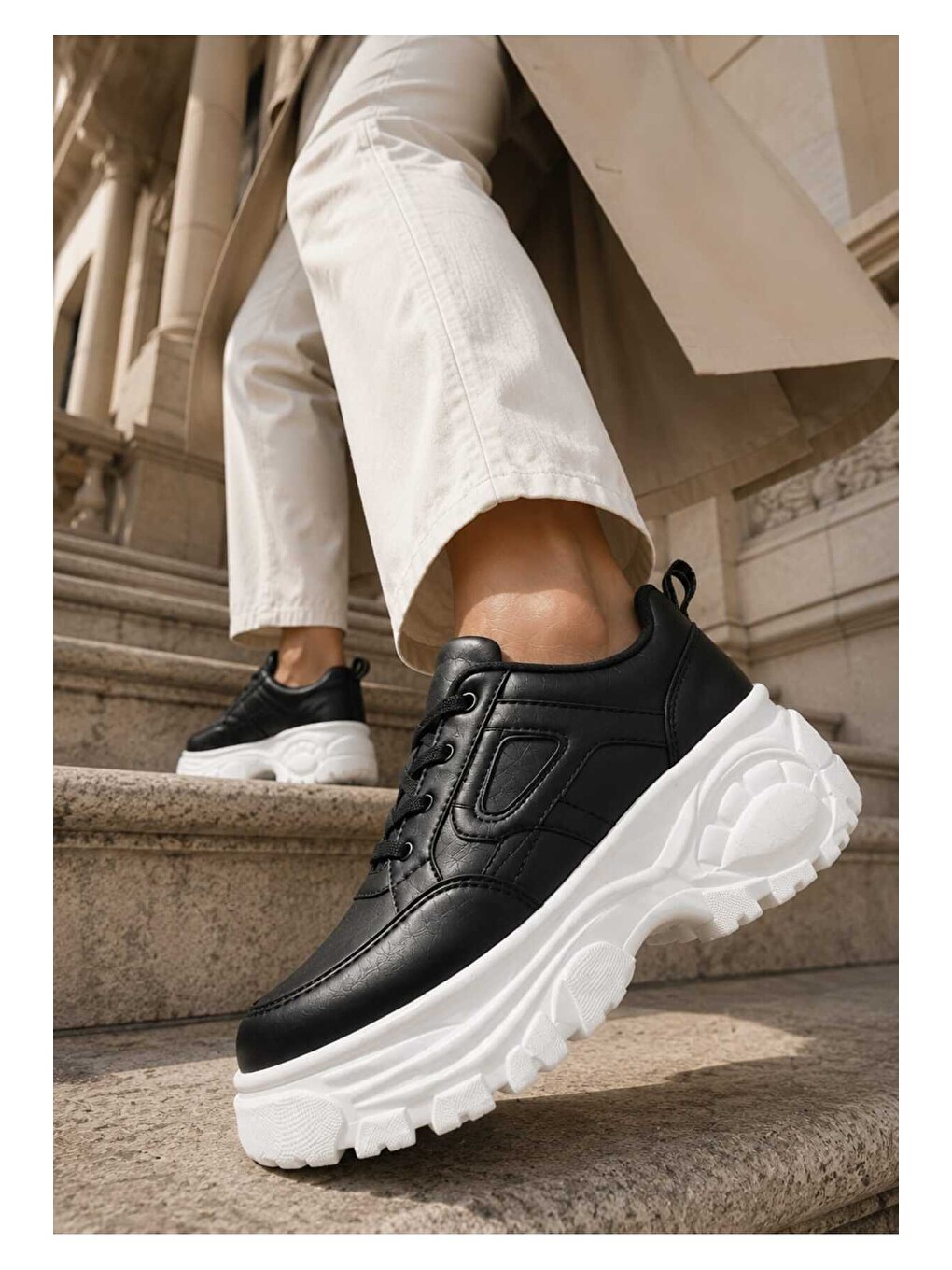 Siyah Kadın Günlük Kullanım, 6 Cm Yükseltilmiş Tabanlı, Bağcıklı, Spor Sneakers-3