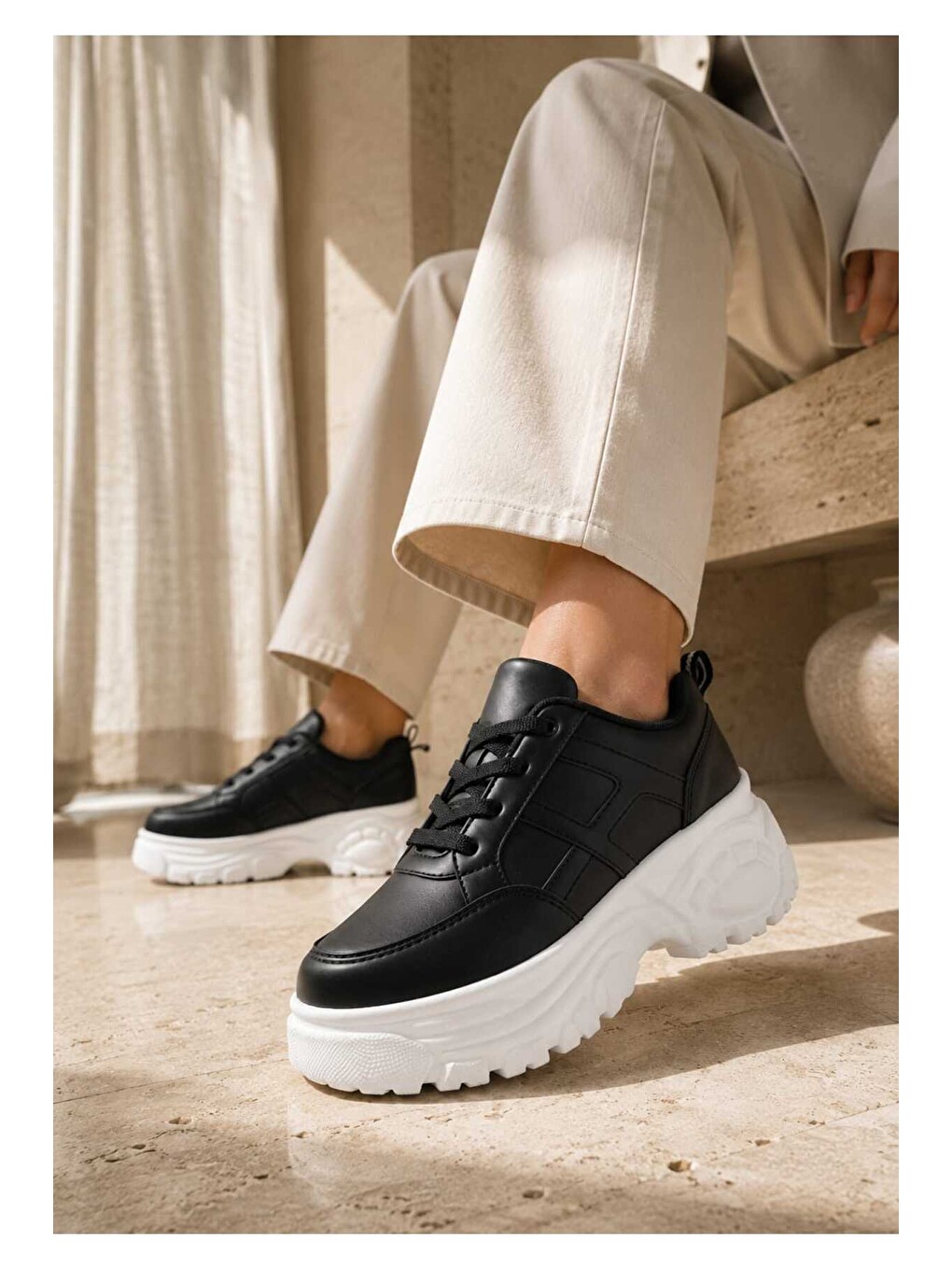 Siyah Kadın Günlük Kullanım, 6 Cm Yükseltilmiş Tabanlı, Bağcıklı, Spor Sneakers-4