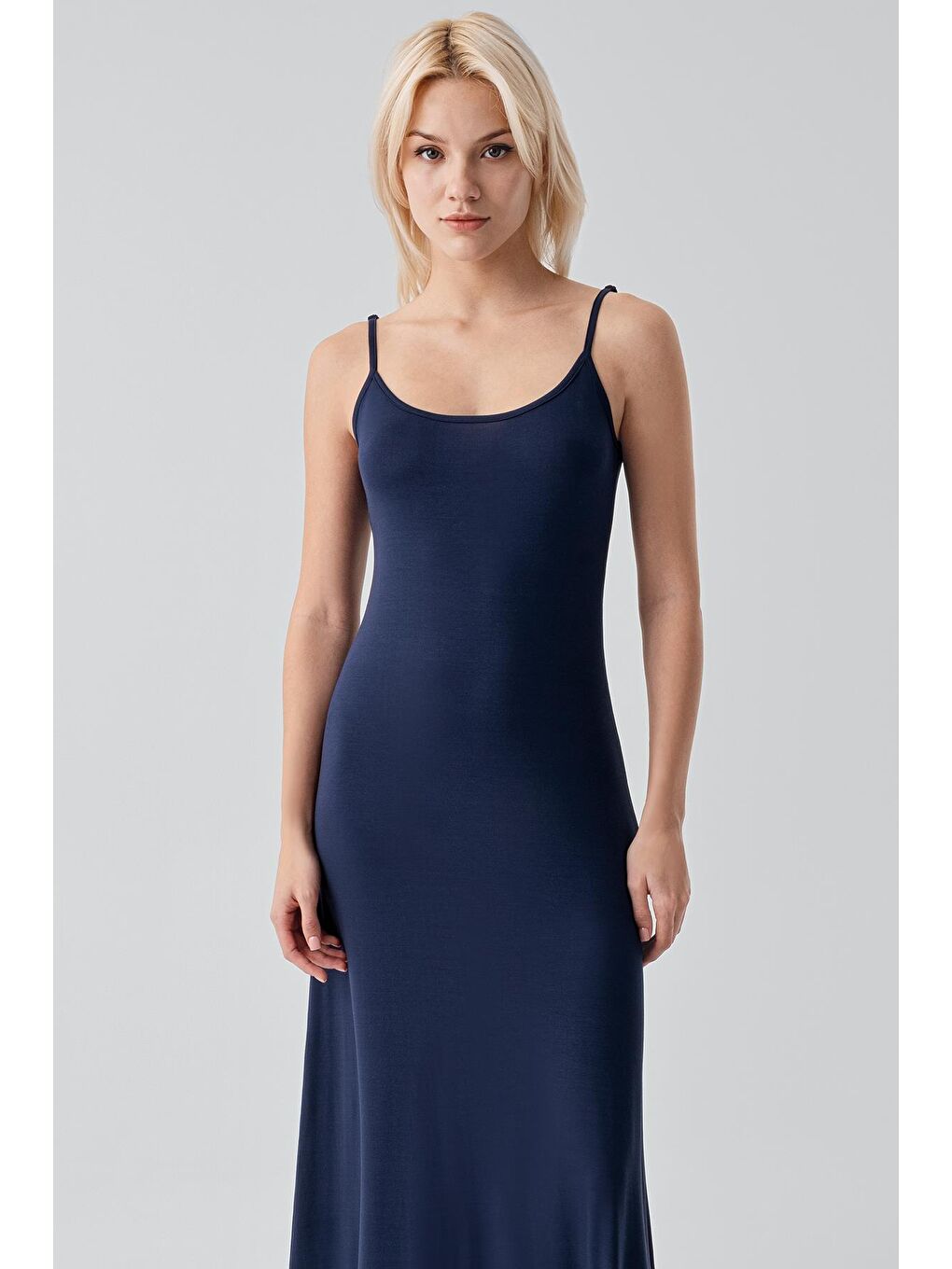 Lacivert Askılı Uzun Basic Rahat Günlük Elastanlı Esnek Viskoz Soft Elbise 19111-2