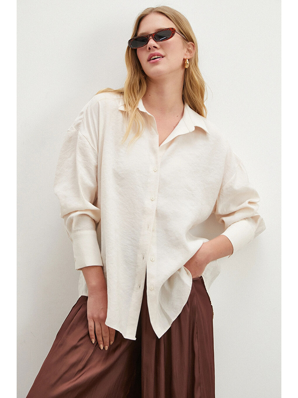 Ekru Basic Modal Gömlek Krem