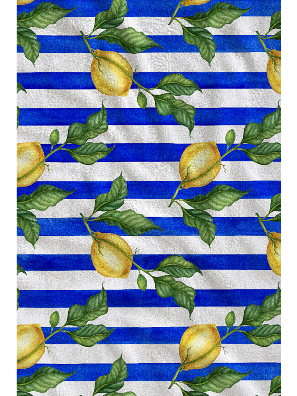 Lacivert Beyaz Çizgili Limon Dalı Desenli 70x150 Cm Dijital Baskılı Plaj Ve Banyo Havlusu-1