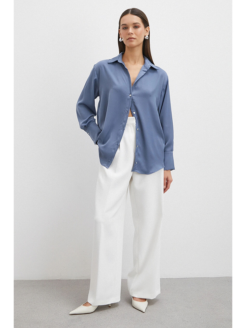 Basic Saten Gömlek İndigo-1