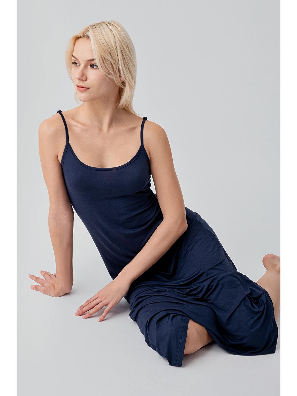 Lacivert Askılı Uzun Basic Rahat Günlük Elastanlı Esnek Viskoz Soft Elbise 19111-4