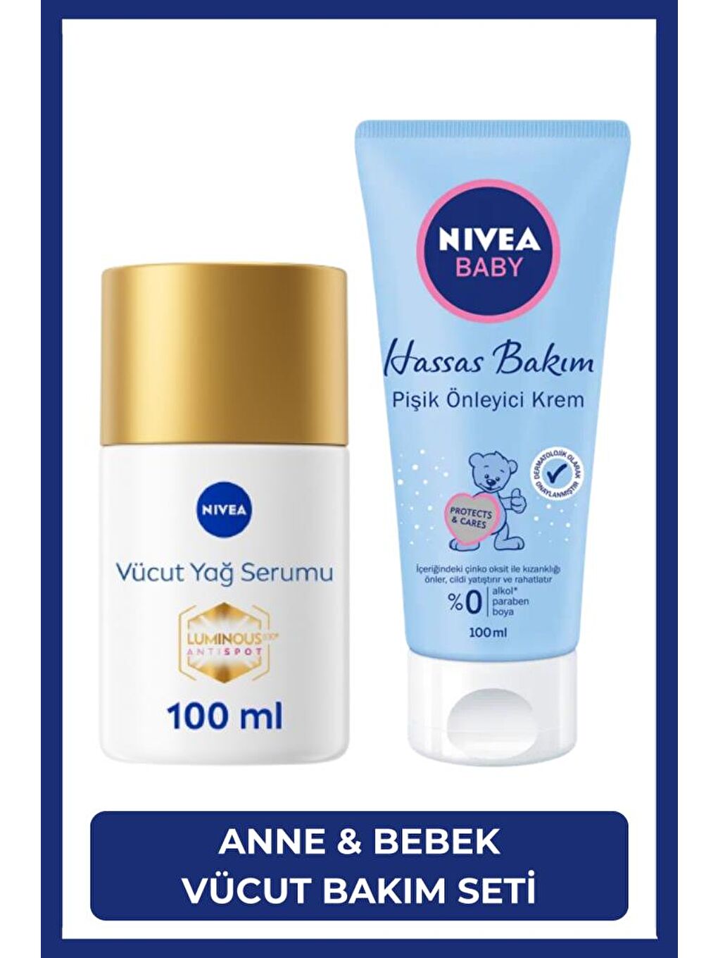 NIVEA Luminous630 Çatlak Karşıtı Vücut Yağ Serumu 100ml ve Baby Hassas Bakım Pişik Önleyici Krem 100ml