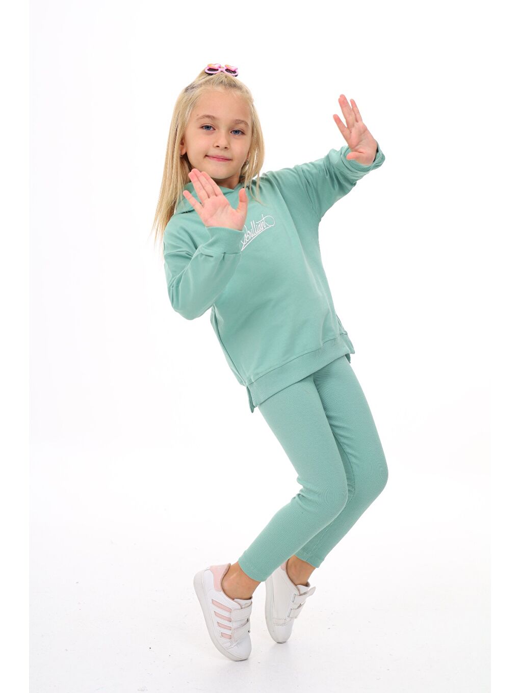 Yeşil Kız Çocuk Nakışlı Taytlı Takım-3