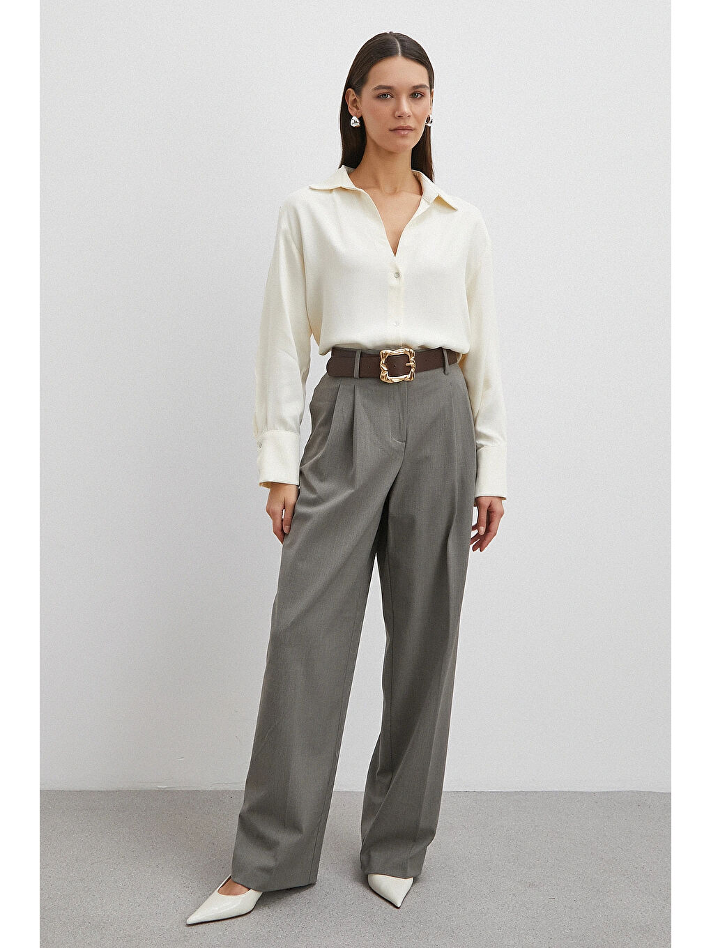 Viskon Saten Gömlek Ekru-1