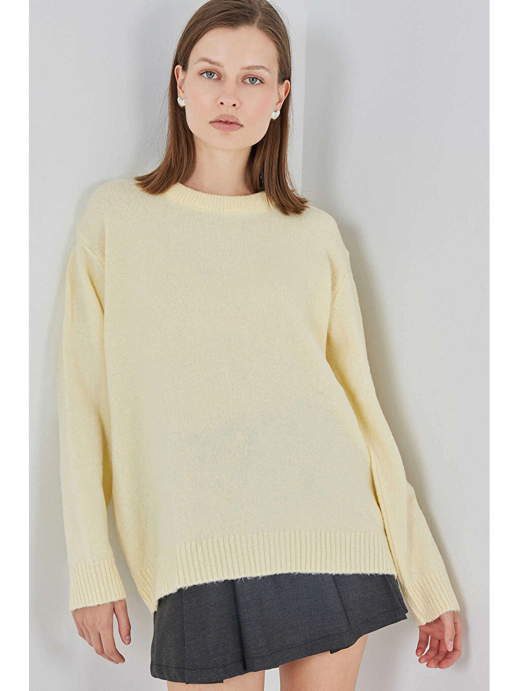 Kadın Sarı Oversize Standart Beden Triko Kazak HZL25W-BD1103221-2