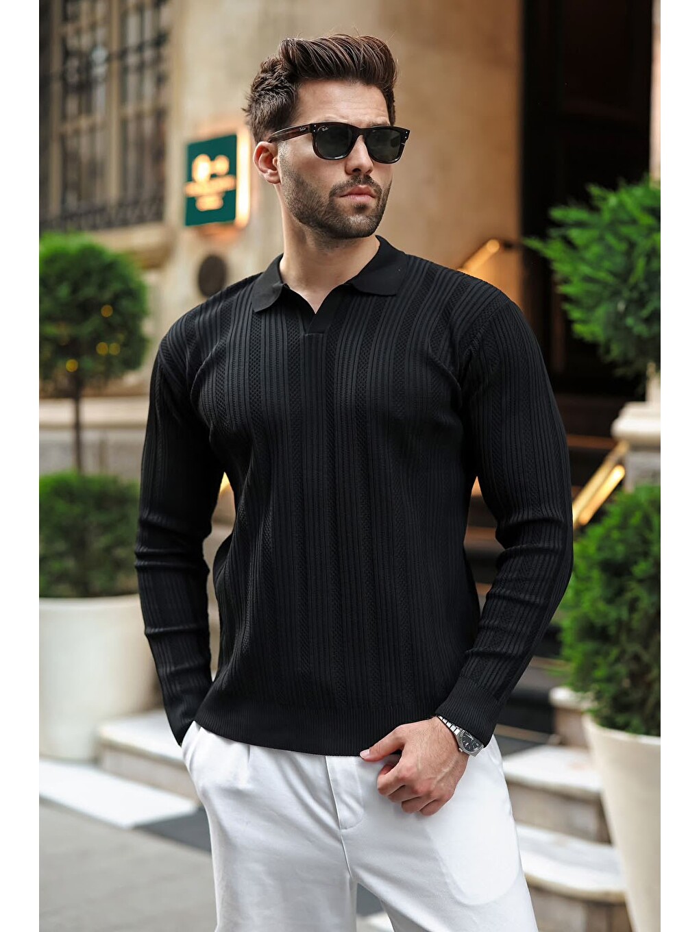 Siyah Polo Yaka Desenli Over Fit Erkek Triko Kazak E7517