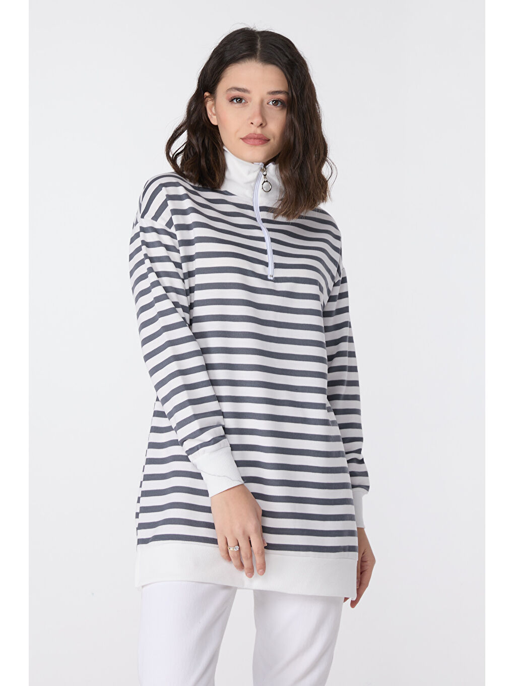 Gri Çizgili Sweat Füme - 23892-1