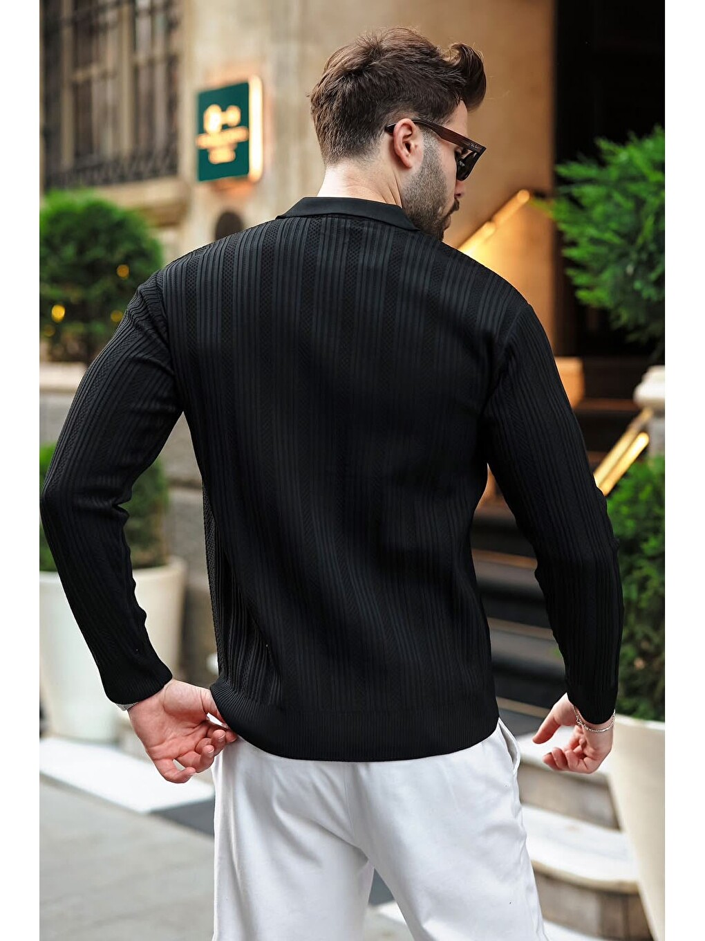 Siyah Polo Yaka Desenli Over Fit Erkek Triko Kazak E7517-1