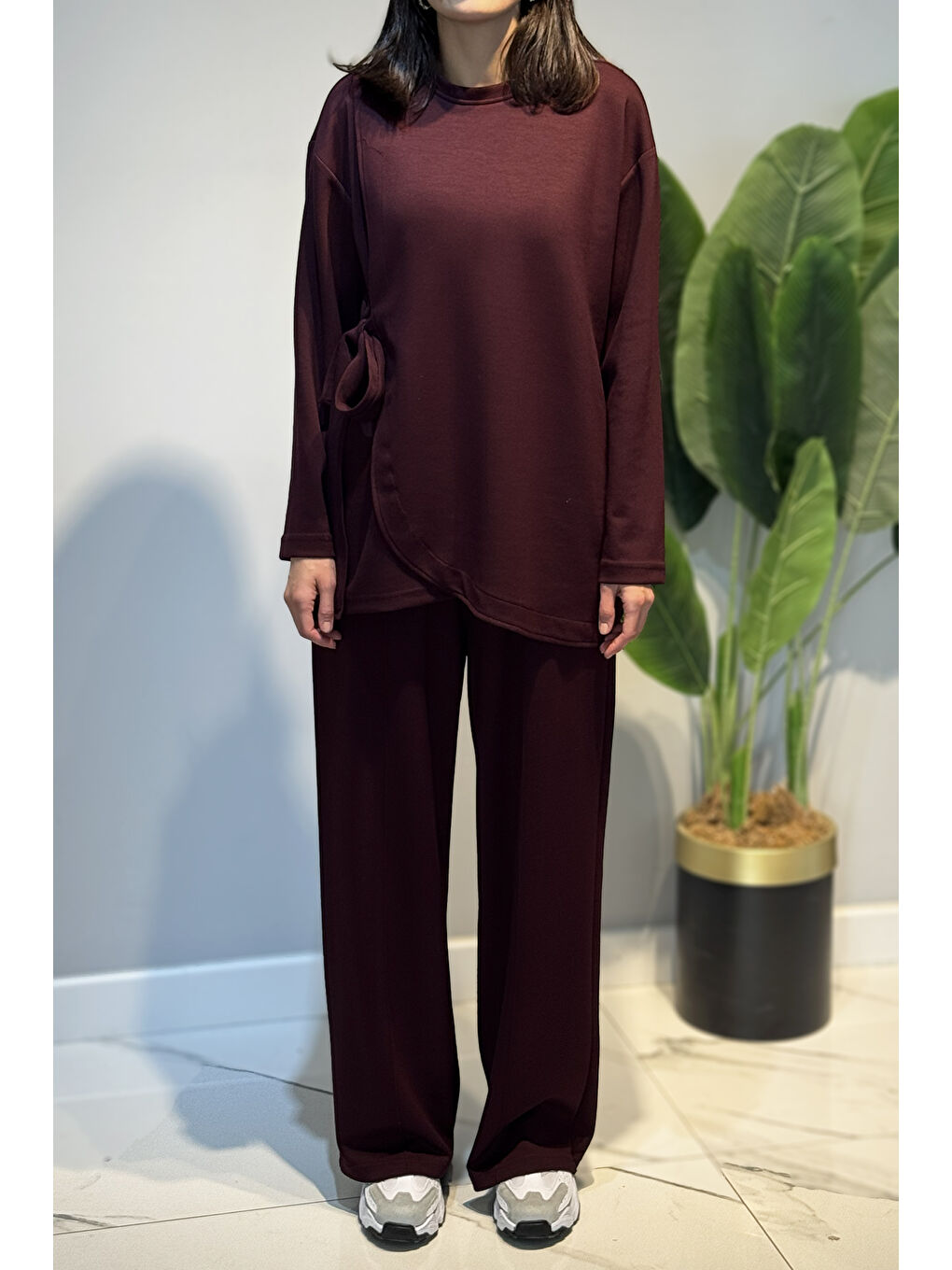 Bağcık Detay Tunik Pantolon Takım 2117 Bordo-2