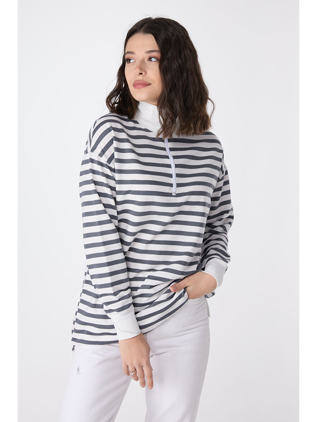 Gri Çizgili Sweat Füme - 23892-2