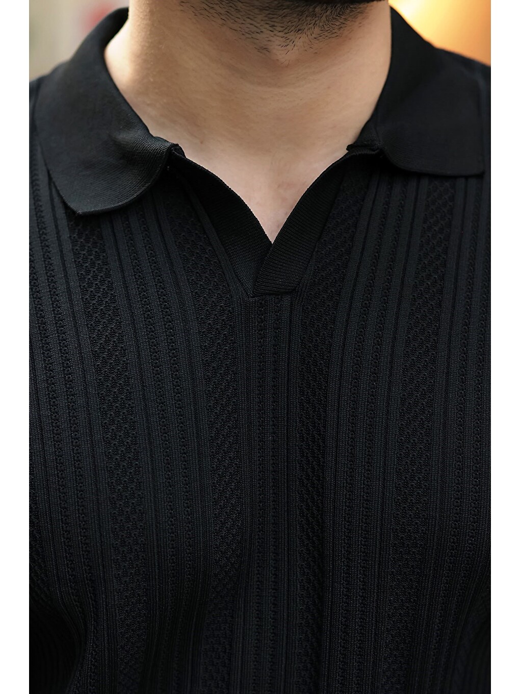 Siyah Polo Yaka Desenli Over Fit Erkek Triko Kazak E7517-2