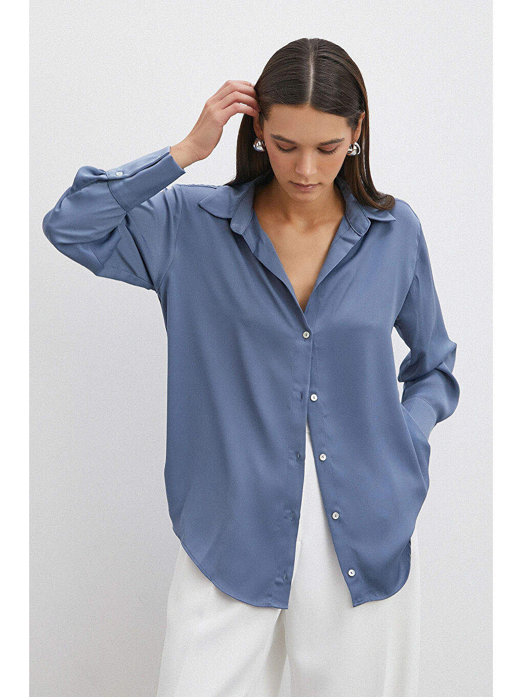 Basic Saten Gömlek İndigo-2