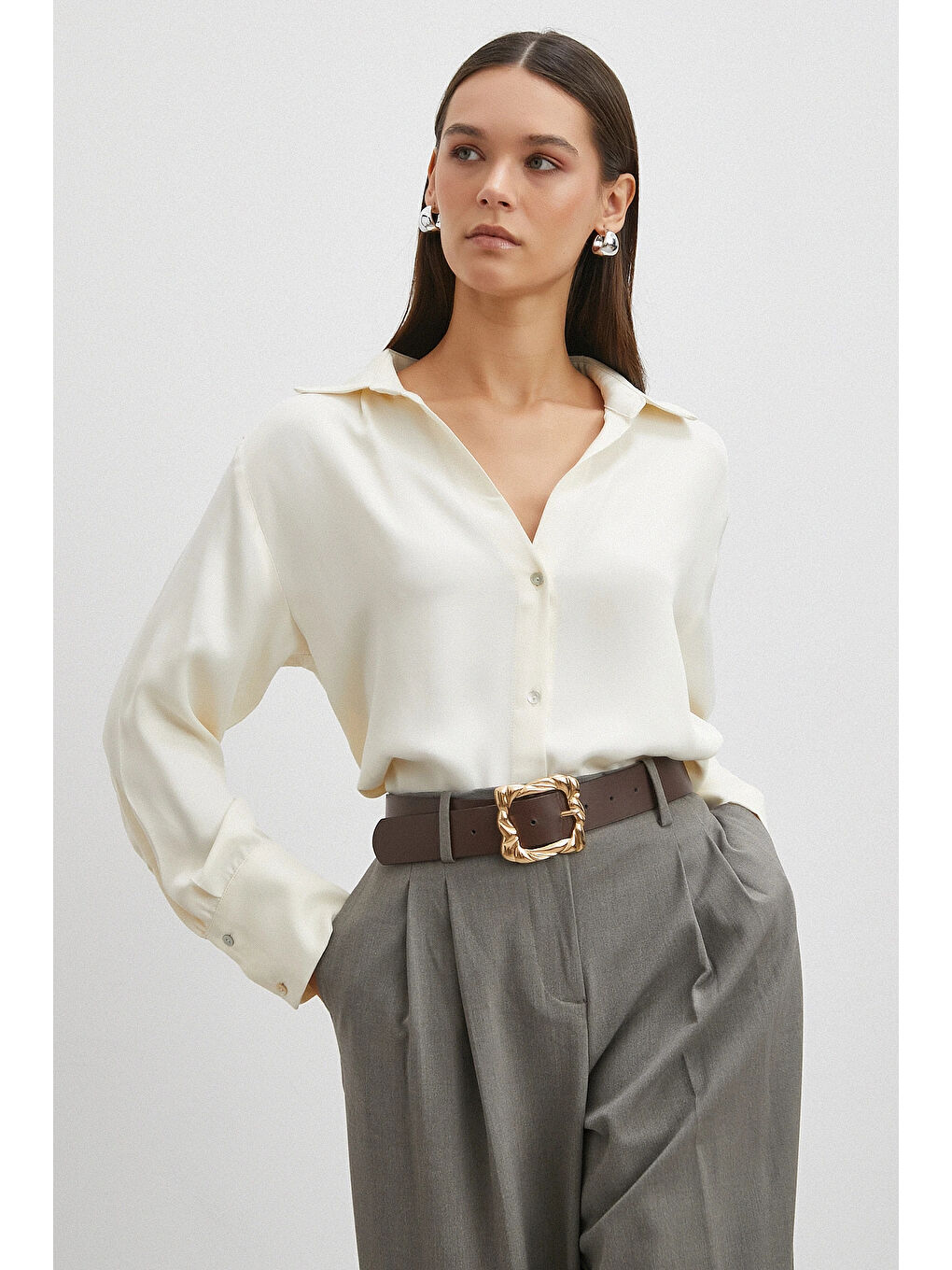 Viskon Saten Gömlek Ekru-2