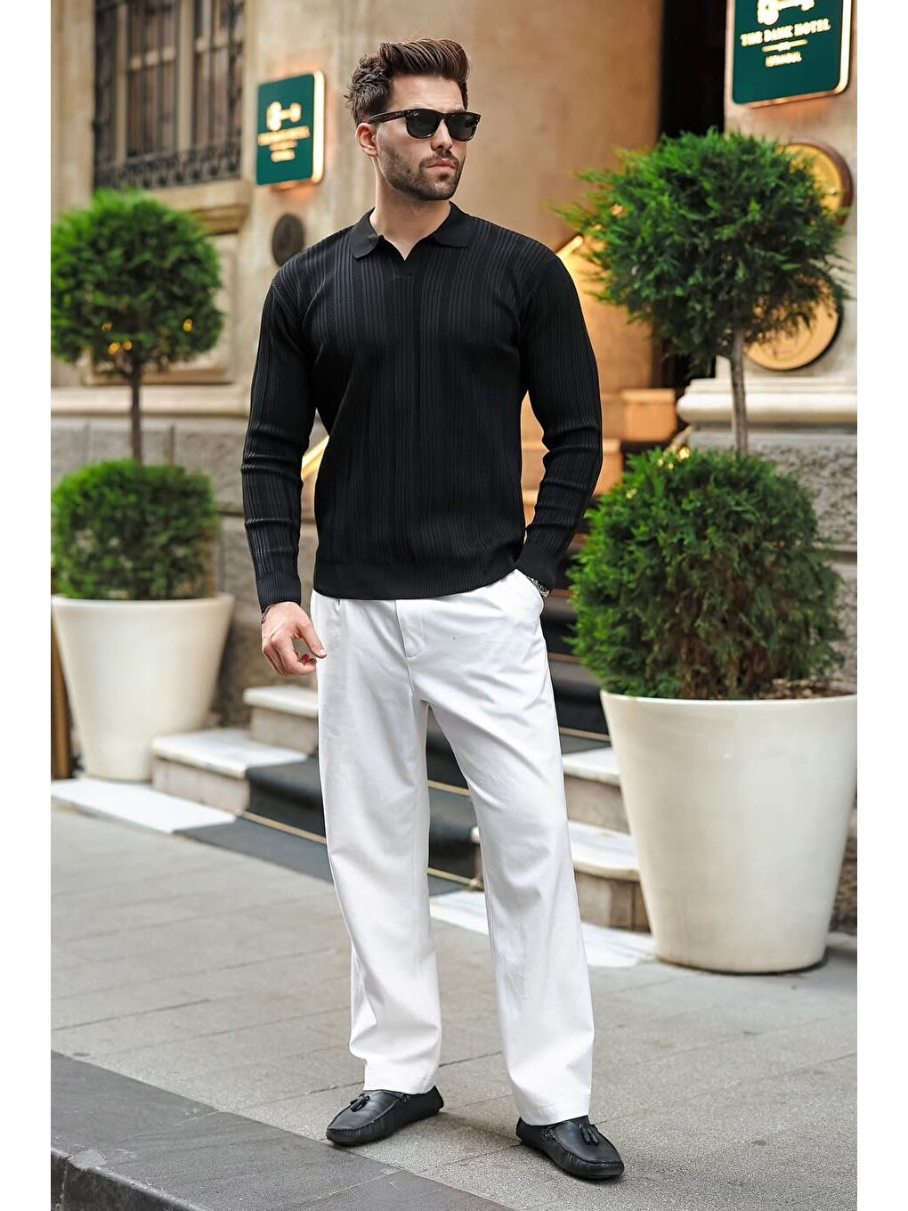 Siyah Polo Yaka Desenli Over Fit Erkek Triko Kazak E7517-3