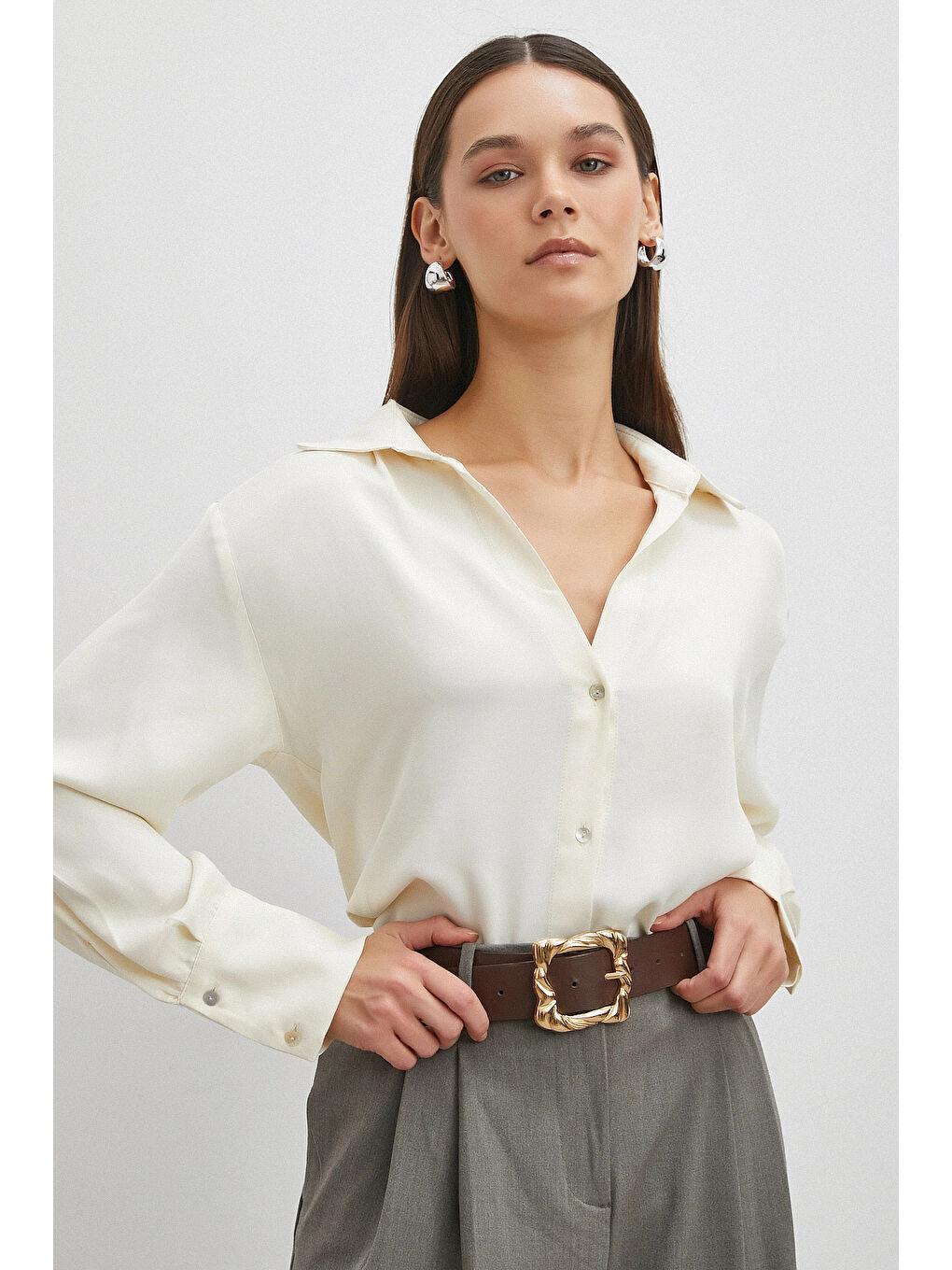 Viskon Saten Gömlek Ekru-3