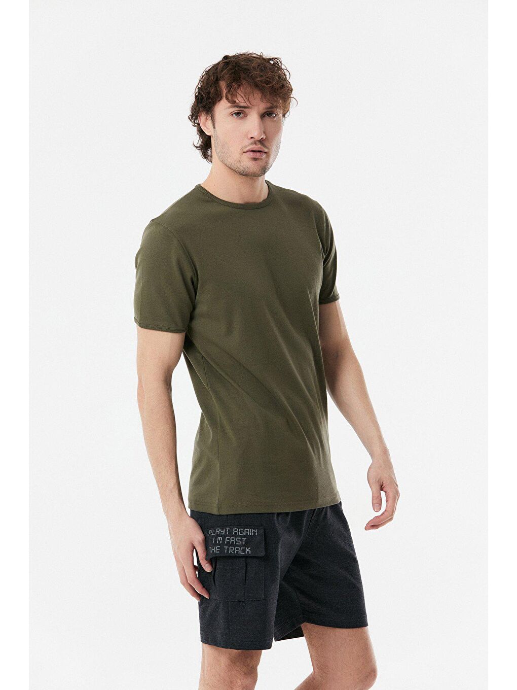 Haki Basic Bisiklet Yaka Tişört-1